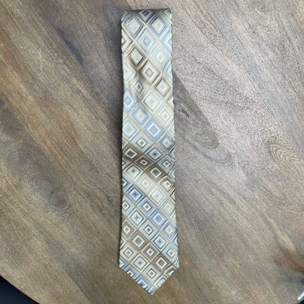 MICHAEL Michael Kors Mens 100% Silk Tie One Size Tan Beige Blue Neutral Work